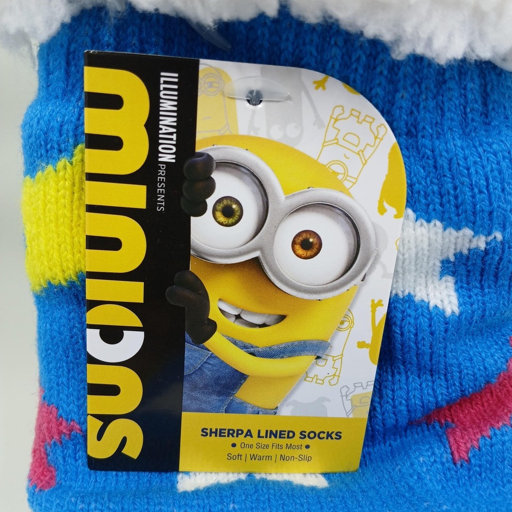 Minions Sherpa Lined Socks One Size Blue Yellow Slipper Non Slip Warm - Picture 2 of 7